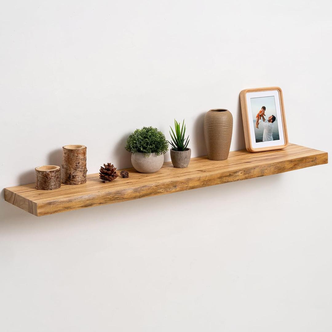 fuqing Live Edge Floating Shelves for Wall, 40 Inch Solid Elm Wood Shelves | Natural Elm Grain, 8in Deep, Invisible Heavy Duty Brackets, Rustic Wooden Shelves for Living Room, Kitchen, Bathroom, 1 Pack