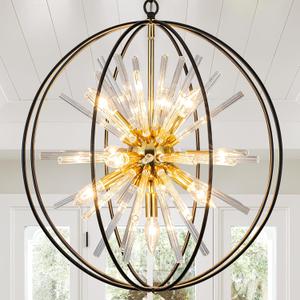 Vezzio 22 Inch Black and Gold Chandelier Modern Chandeliers for Living Room 10-Light Globe Sputnik Chandelier Round Hanging Chandelier for Foyer Entryway Stairway Kitchen Island