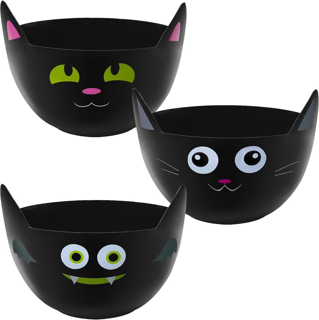 Zcaukya Halloween Party Supplies - Set of 3 Plastic Trick or Treat Candy Bowls, Cat Shaped Serving Bowls in Orange, Purple, Black for Parties