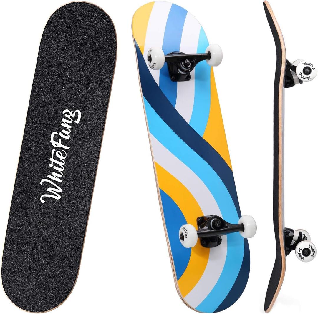 WhiteFang Skateboards for Beginners, Complete Skateboard 31 x 7.88, 7 Layer Canadian Maple Double Kick Concave Standard and Tricks Skateboards for Kids and Beginners