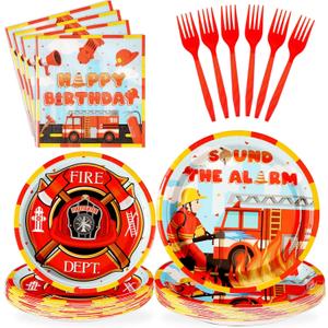 Grencian 96Pcs Firefighter Birthday Party Decorations Fire Truck Party Plates Disposable Firetruck Birthday Paper Tableware Set for Kids Fireman Fire Truck Supplies, Serves 24