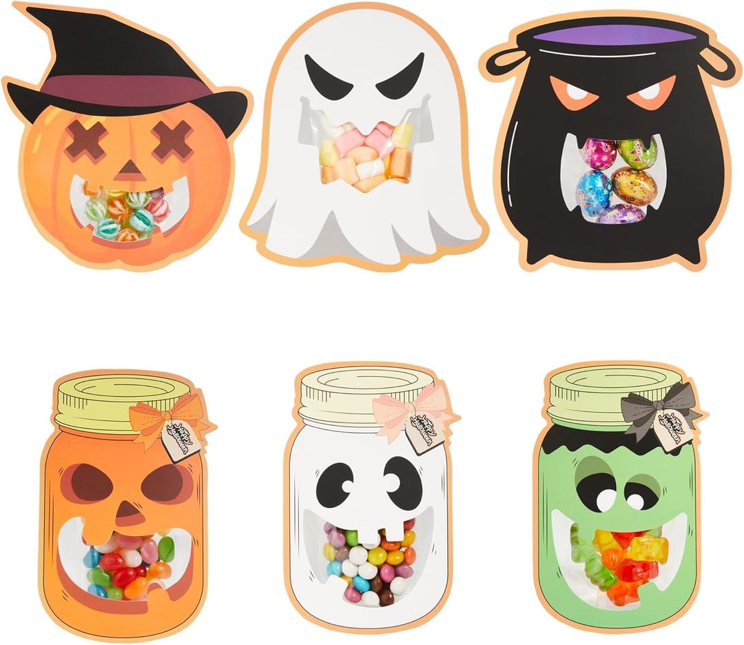 AQKILO Halloween Goodie Bag with Cards, 30 Pack (6 Designs), Kids Trick or Treat Candy Bag Holders, Classroom Exchange Cards, Party Favors, and Halloween Activities