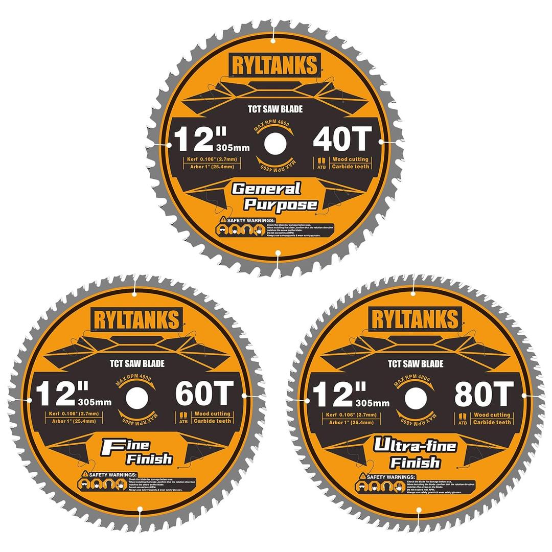 12 Inch Miter Saw Blade, 1" Arbor, 40T for General Purpose&60T for Fine Finish&80T for Ultra Fine Finish Wood Cutting, 3-Pack