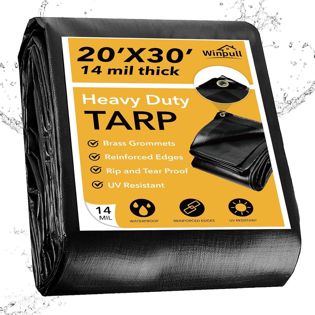 Heavy Duty Tarp 14 Mil Tarp Waterproof Black 20x30 FT, UV Resistant Poly Tarp with Reinforced Grommets for Camping, Boat Cover, Patio Furniture, Roof, Firewood Pile