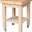 International Concepts 33" Rolling Kitchen Island Cart with Butcher Block Top, Solid Wood, Unfinished, Mobile Prep Station with Storage Shelf