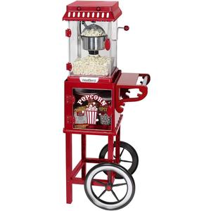 West Bend Popcorn Popper Machine Theater Style on Wheeled Cart with Non-Stick 2.5 Oz Stainless Steel Popcorn Kettle, Storage Shelf, and Popcorn Scoop, 10-Cup, Red