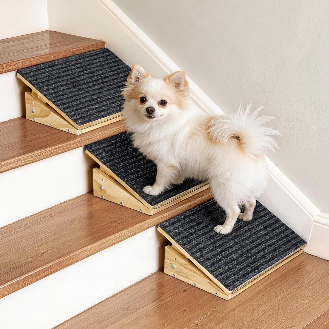 Adjustable Dog Ramp for Stairs with 3 Heights, Anti-Slip Small Dog Ramp for Indoor & Outdoor, Solid Wood Pet Steps for Small/Senior/Injured Dogs, Gentle Slop Ramp for Stairs with Carpet Surface