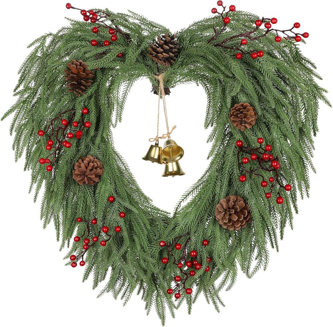 24" Christmas Wreath for Front Door with Bells, Berries & Pinecones, Large Artificial Norfolk Pine Wreath, Heart-Shaped Green Xmas Wreaths for Wall Window Porch Indoor & Outdoor Winter Christmas Decor