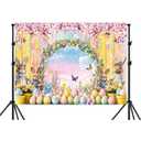 10X8ft Spring Easter Backdrop Cute Bunny Colorful Eggs Floral Colorful Wood Photography Background for Easter Party Decorations Photo Booth Cake Table Supplies Photo Studio Props Wall Decor Banner