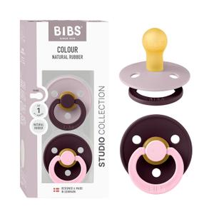 BIBS Colour Studio Pacifier 2-Pack, BPA Free, Round Nipple. Natural Rubber Latex, Made in Denmark, Size 1 (0-6 Months) - Dusky Lilac/Plum