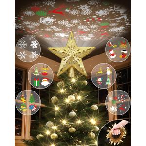 Christmas Tree Topper Star Lighted with Warm Christmas Light Cord, Built-in 6 Projected Patterns, 3D Glitter LED Rotating Lights for Party Holiday Xmas Decorations Gifts (Glod)