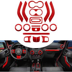 Opall Full Set Interior Decoration Kit - Steering Wheel & Center Console Air Outlet Trim, Door Handle Cover Inner, Passenger Seat Handle Trim for Jeep Wrangler JK JKU (18 X Red)