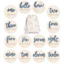 Burbell 7 Pack 3D Baby Monthly Milestone Card Signs Baby Announcement Sign Double Sided Hello World Newborn Signs Wooden Circles Discs for Welcome Newborn Boy Girl Photo Props(Slate Blue, Letter)