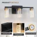 3-Light Black Bathroom Light Fixture, Dimmable 5CCT Black and Gold Bathroom Vanity Lights, 2700K to 6500K Modern Crystal Bubble LED Wall Sconce Over Mirror with Clear Glass