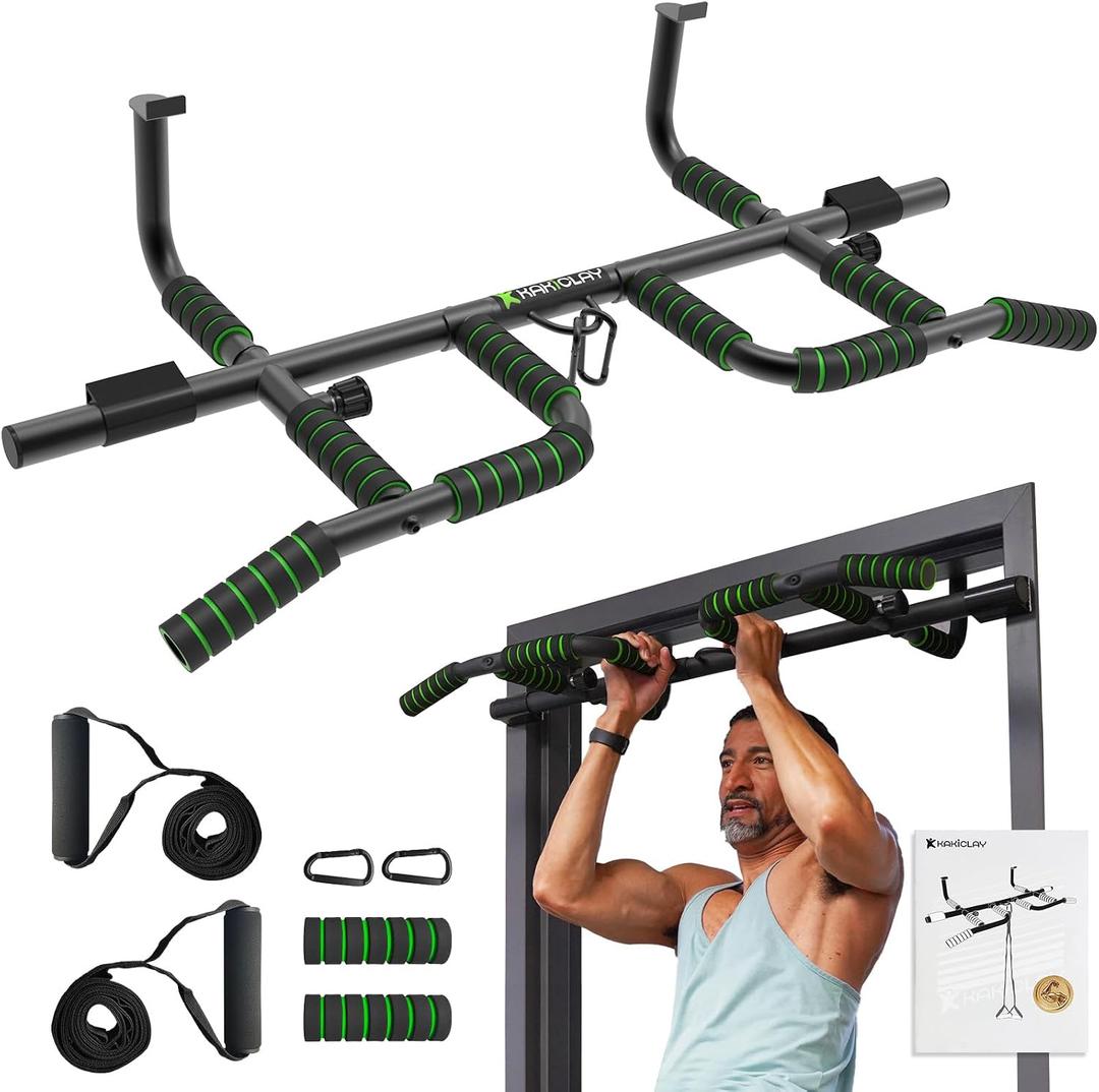 KAKICLAY New Upgrade Pull Up Bar for Doorway with Ergonomic Grip - Upto 440 Lbs Capacity, No Screwing or Slipping - USA Original Patent, Designed, Shipped