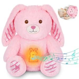 Prewplam Breathing Stuffed Animal - 13" Pink Bunny Plush Baby Toy, Soothing Sound Machine with Music Lights & Breathing Motion for Kids Boys Girls
