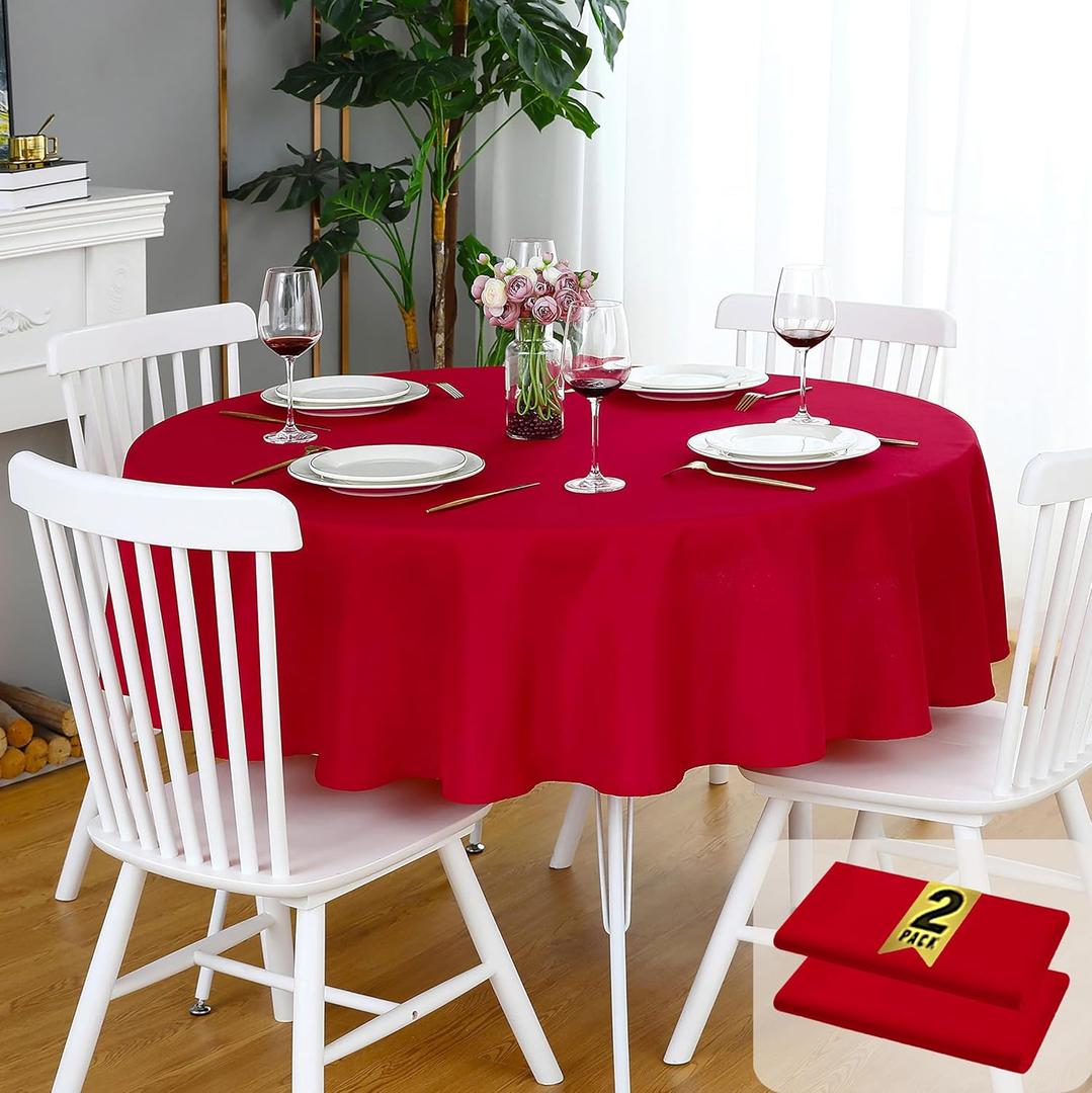 FOLINS&HOME 2 Pack Red Round Tablecloth - 60 Inch Waterproof 210 GSM Wrinkle Free Polyester Circle Table Cloth, Spillproof Washable Wipeable Table Cover for Party, Wedding, Dining (2 Pcs)