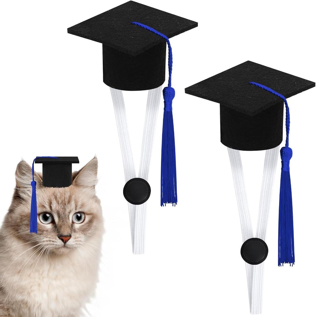 PETKNOWS 4 Pack Mini Graduation Caps with Blue Tassels, Mini Pet Graduation Caps Small Animal Bachelor Hats with Adjustable Elastic Strap for Cats and Dogs Photo Props Party Supply