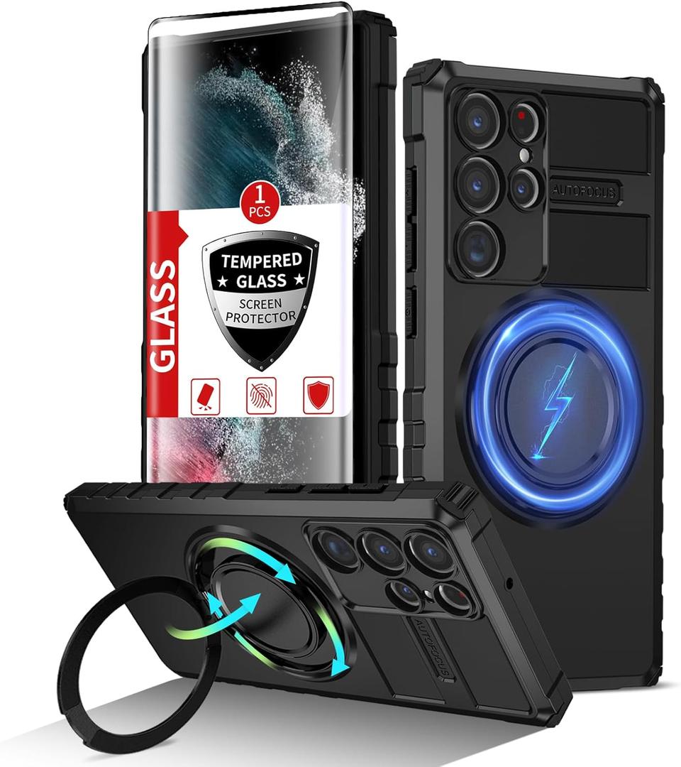 for Samsung Galaxy S22 Ultra Case Magnetic Compatible Wireless Charging,S22 Ultra Case with1 Screen Protector,Built-in Kickstand Ring Military Grade Drop Shockproof Heavy Duty Protection Black