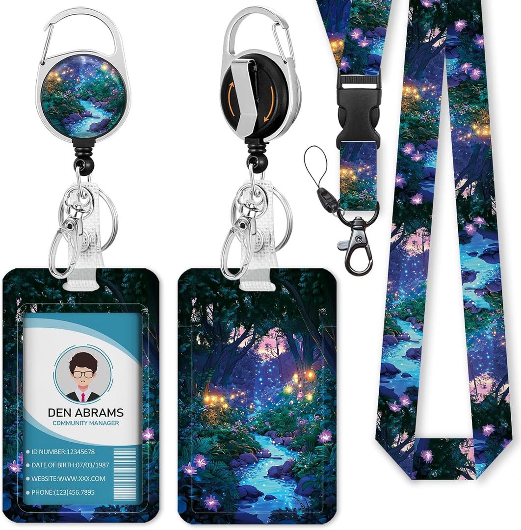 Piefly Lanyards for Id Badges, Fireflies Forest Badge Holder with Retractable Reel Belt Clip, Purple Work Name Tag Lanyard Vertical ID Card Protector Case for Women Nurse Doctor Teacher Student