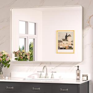 Keonjinn Brushed Nickel Mirror 40 x 30 Inch Large Silver Bathroom Mirror for Over Sink, Rounded Rectangle Farmhouse Vanity Mirror with Metal Frame, HD Tempered Glass Wall Mirror(Horizontal/Vertical)