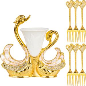 Gold Dessert Forks, Swan Base With 6 Pcs Mini Forks Set,4.5" Charcuterie Forks- Very Suitable for Dessert Shops or Family Use