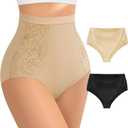 Women's High Waisted Underwear with Hollow Lace Side,Soft High Cut Stretchy Panties,Cheeky Coverage Briefs Multipack (L)