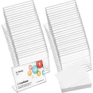 Hedume 50 Pcs Clear Sign Display Holder with 50 Pcs Blank Labels, 3.6" x 2.5" Horizontal Slanted Back L-Shape Acrylic Name Card Price Card Tag Label Counter Top Stand for Office, Restaurant, Store