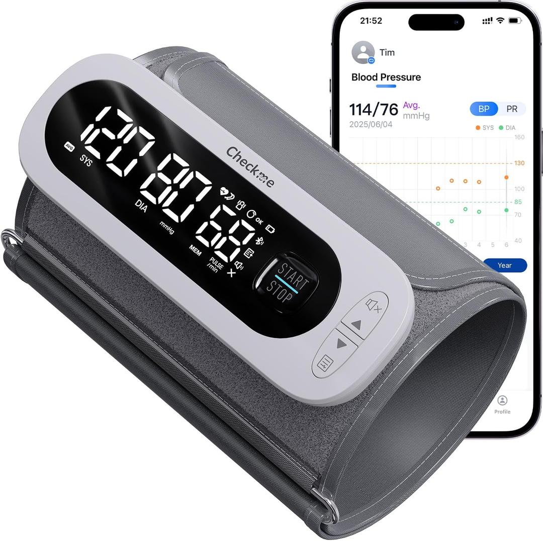 Checkme Rechargeable Blood Pressure Monitor, Automatic Upper Arm BP Machine, Large Clear Numbers, Voice Broadcast, 2-User Mode, 2x199 Memories, Large Cuff, Unlimited Cloud Storage via Bluetooth APP