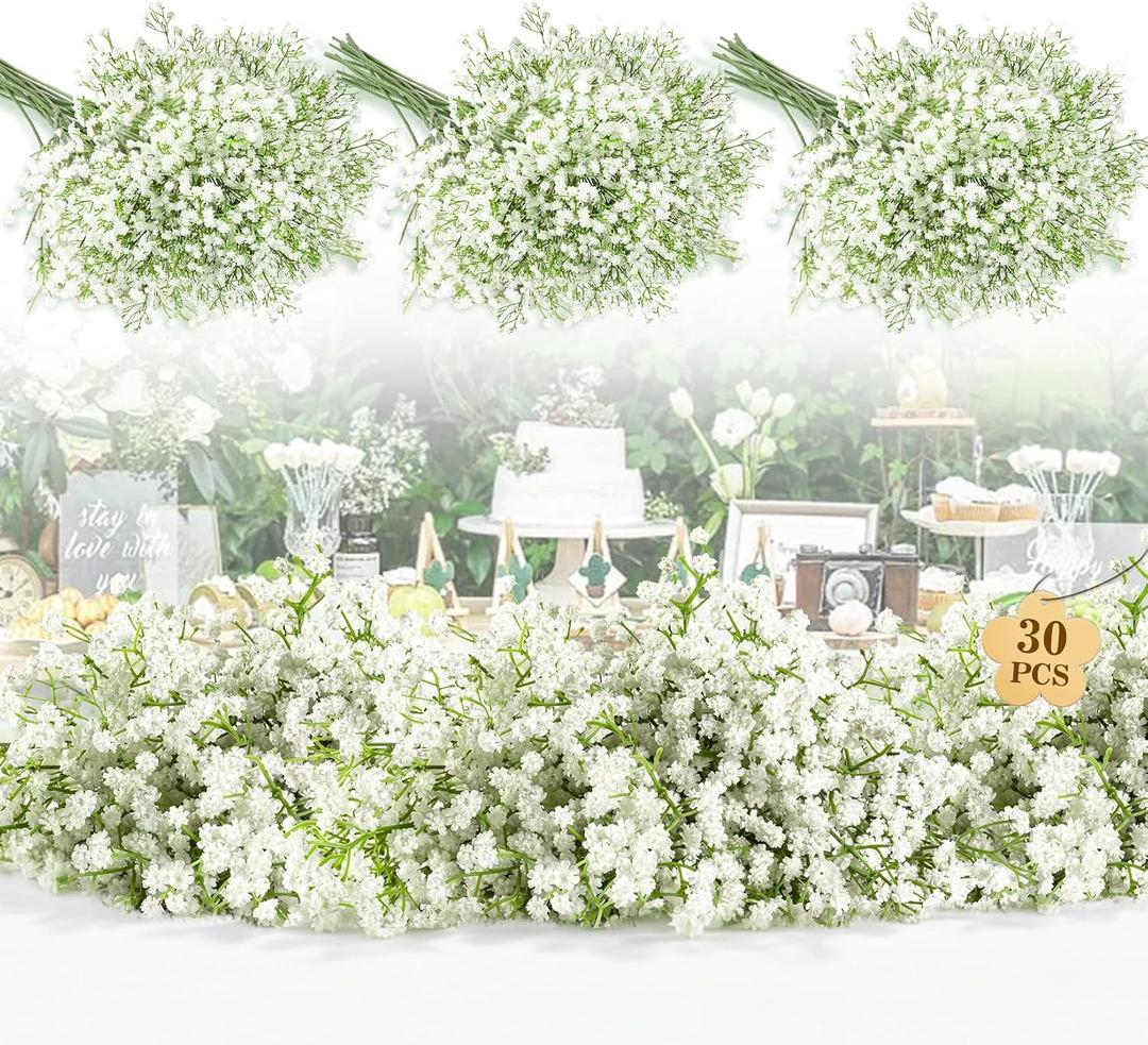 MAQIAHN 30 Baby Breath Artificial Flowers - Babies Breath Flowers Artificial Bulk Faux Flowers Bouquet White Flores Greenery Real Touch Fake Flower Arrangements Wedding Centerpieces Tables Decorations