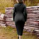 Plus Size Knit Dresses for Women Fall Long Sleeve V Neck Button Ribbed Midi Sweater Dress (Black, XL)