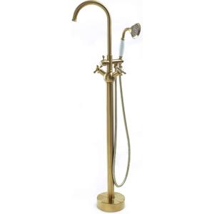 SITGES Solid Brass Freestanding Bathtub Faucet, Bathroom Floor Mount Tub Filler, Dual Function Double Cross Handle with Ceramic Hand Shower, Brushed Gold