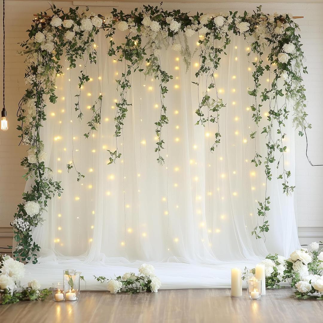 Xiomot Tulle Backdrop Curtain with Lights String 10FT X 8FT Ivory Sheer Tulle Backdrop Curtains for Wedding Birthday Party Reception Photo Booth Background Decorations (2 Panels 5x8FT)