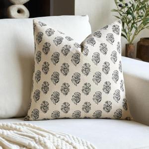 Floral Vintage Throw Pillow Covers 18x18 Pillow Cover Block Print Decorative Cushion Covers Farmhouse Neutral Accent Home Dcor for Sofa Couch Living Room Bedroom, 1PC, Charcoal Black