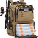 Tactical Fishing Backpack with Tackle Boxes, Rod Holders & Bottle Holder, 50 L Large Insulated Fishing Tackle Box Backpack with Cooler, Fishing Bag Store Gear & Equipment, 900 D Oxford, Brown