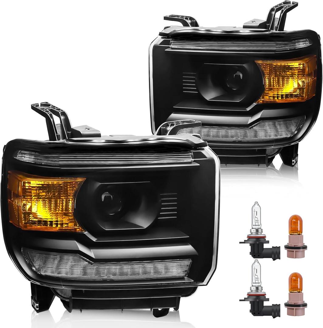 Headlight Assembly with LED DRL Compatible with GMC Sierra 2014-2018 1500 | 2015-2019 2500HD/3500HD Base/Denali/SLE/SLT, Headlamp Replacement with LED DRL, with Bulbs, Black Housing Amber Reflector