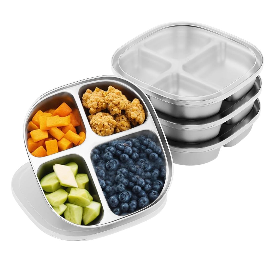 Stainless Steel Kids Plates,Set of 4 Toddler Plates with Lids - 4 Compartments Stainless Steel Snack Container for Kids Non Toxic & 100% BPA Free