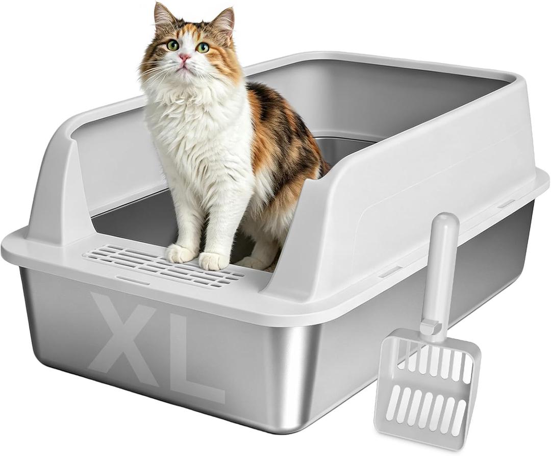 AIPERRO Stainless Steel Litter Box with Lid | XL Metal Enclosed Cat Litter Boxes with High Sided for Big Cats | Anti-Urine Leakage, Non-Stick Boxes with Litter Scoop (Light Gray)