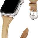 WFEAGL Leather Bands Compatible with Apple Watch Band 42mm(Series 3 2 1) 44mm 45mm 46mm 49mm Women, Top Grain Leather Strap Slim Thin Replacement Wristband for iWatch Ultra SE 3 2 1 Series 11 10 9 8 7 6 5 4 3 2 1 (Camel/Starlight)
