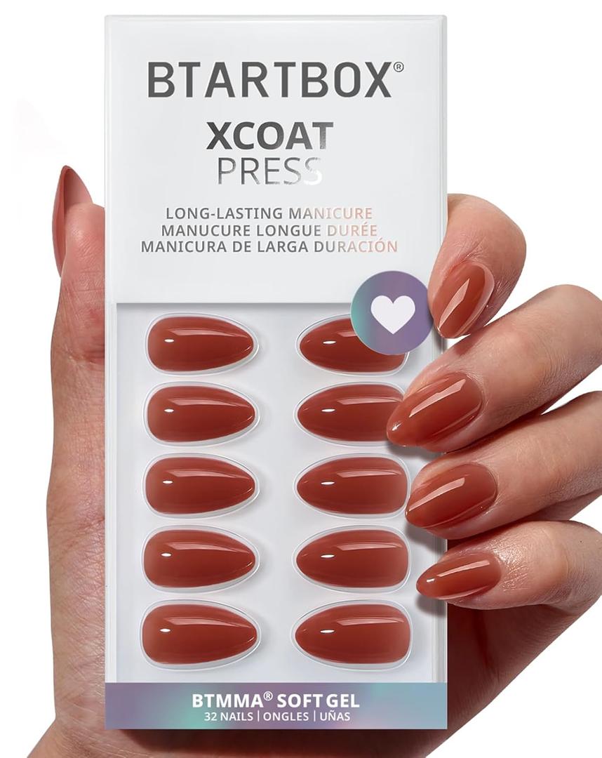 BTArtbox Press On Nails Short - Lamp-Curable Almond Press On Nails with Glue for Women, Semi-Transparent Soft Gel Glue On Nails in 16 Sizes - 32 Stick On Nails Kit, Spill Tea