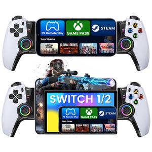KICKDOT Mobile Gaming Controller for iPhone Android Switch, Hall Effect Joysticks Bluetooth Telescopic Gamepad with RGB Lighting, Programmable Back Buttons for PS Remote Play Xbox Cloud Gaming Steam Deck iPad Mini (Pure White-PS5 Layout)