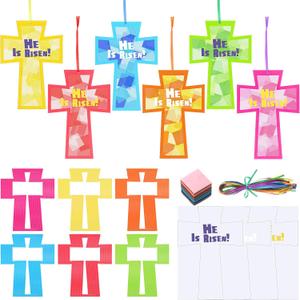 Ctosree 24 Sets Religious Easter Crafts Easter He is Risen Cross Craft Kits Tissue Paper DIY Art for Celebrations Ornaments Religious Sunday School Crafts Home Classroom Game Activities
