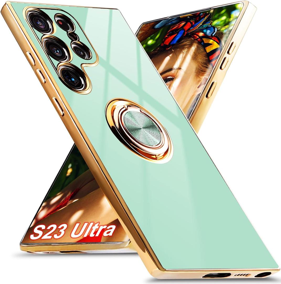 Aitipy for Samsung Galaxy S23 Ultra 5G Case, Built-in 360° Rotation Ring Holder Magnetic Stand, Luxury Shiny Plating Edge Shockproof Electroplated Protective Phone Cover (Mint/Golden)