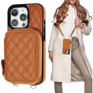 Bocasal Crossbody Wallet Case for iPhone 16 Pro, RFID Blocking PU Leather Zipper Handbag Purse Flip Cover, Kickstand Folio Case with Card Slots Holder Wrist Strap Lanyard 5G 6.3 Inch (Brown)