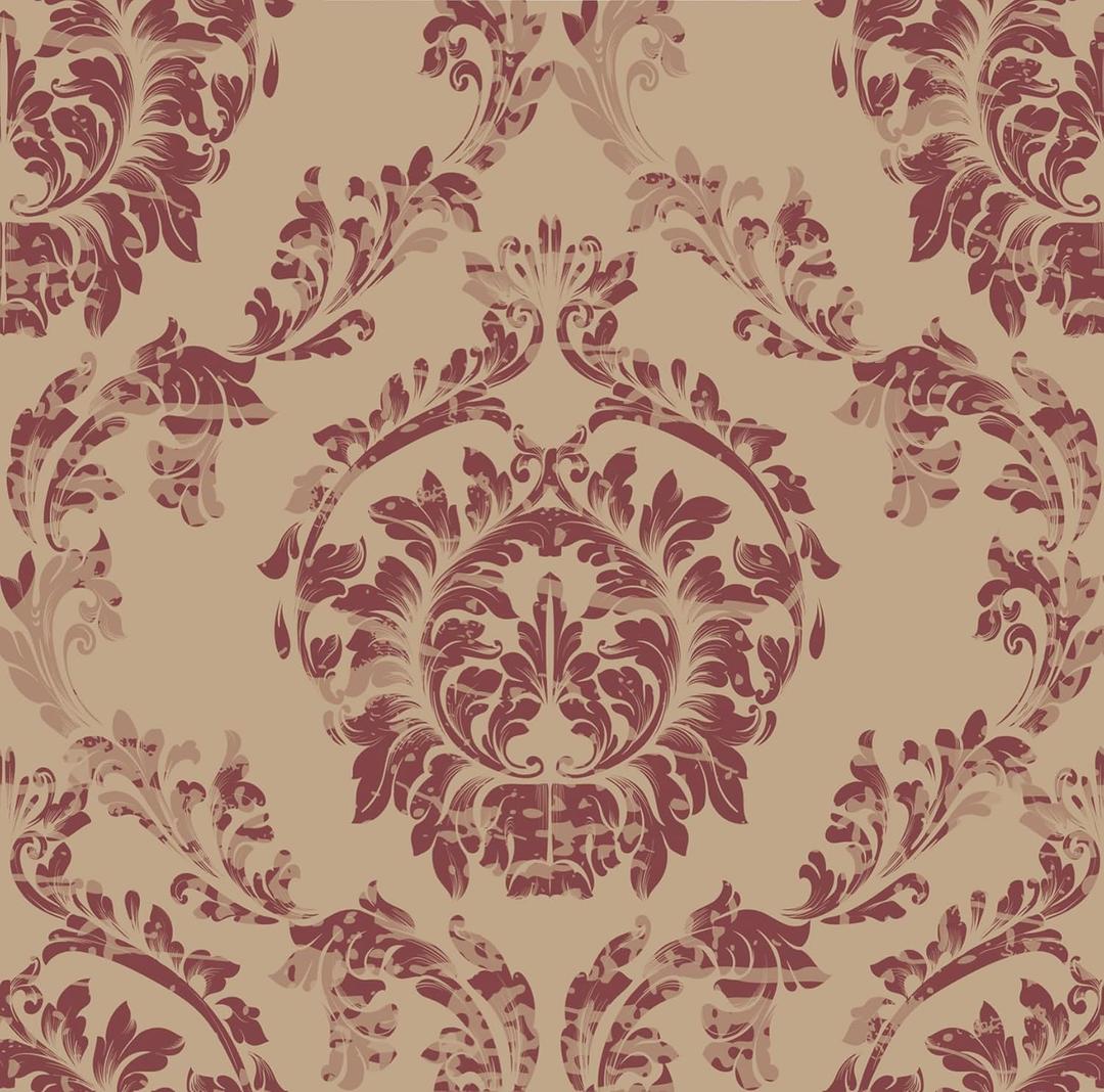 RANRAN Vintage Damask Peel and Stick Wallpaper, Self Adhesive Removable Wall Decorations, Burgundy and Beige, 17.3in x 118in, 14.2 Square Ft/Roll
