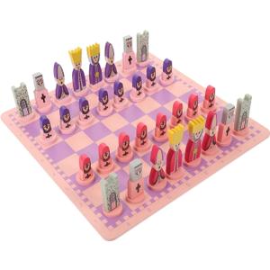 TOYANDONA Wooden Chess Set, 11.8 inch Cartoon Travel Chess Set Pink Chess Board Game Set with Cute Chess Pieces for Kids and Adults