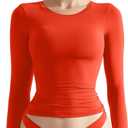 SUUKSESS Women Double Lined Fitted Basic T Shirts Crew Neck Long Sleeve Crop Top (X-Small, Dream Red)