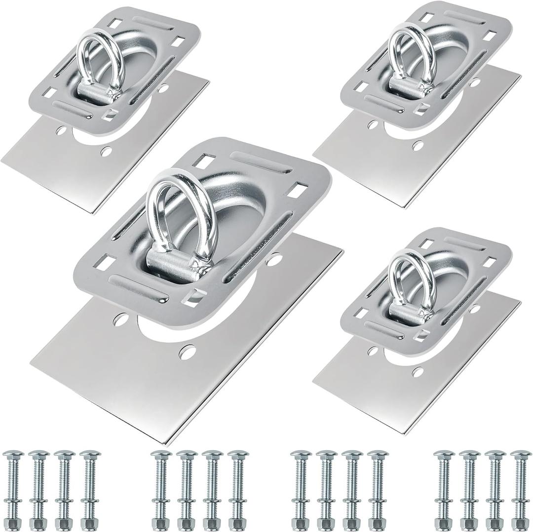 Recessed D Ring Tie Down Anchors 4 Pack (6,000 Lbs), Heavy Duty Trailer Floor Tie Downs and Anchor Points for Securing Cargo, Equipment, ATV, UTV, Truck Silver