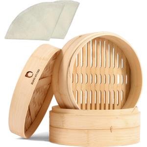 Bamboo Steamer - 2-Tier 10 Inch for Cooking Dim Sum, Momo, Rice - Chinese Basket for Bao Bun, Dumplings - Japanese Steaming