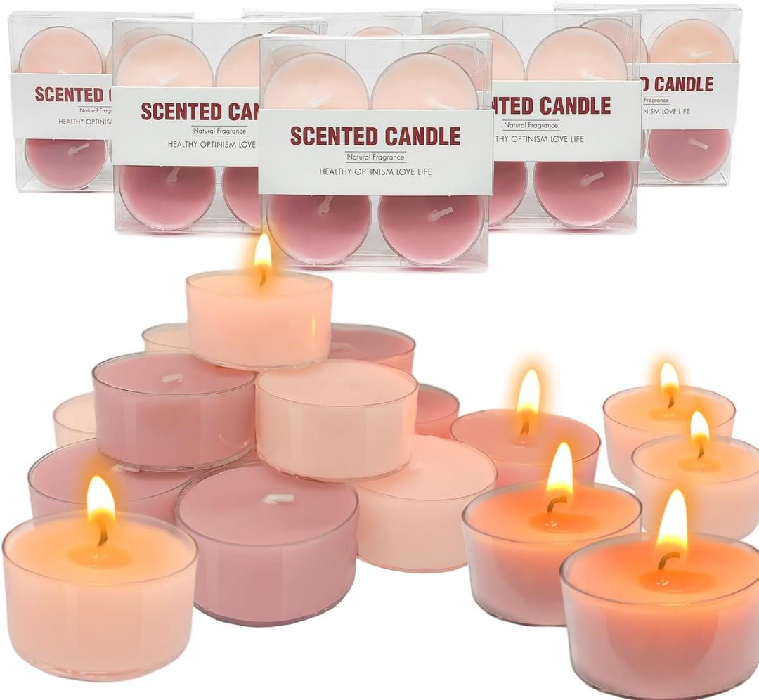 24 Pack Scented Tealight Candles, Bee Wax & Soy Wax Blended Tea Lights Candle, 2 Scents Include Peach Oolong Tea and Fig & Pear Scents, Mini Candles in Clear Acrylic Cups, Pink